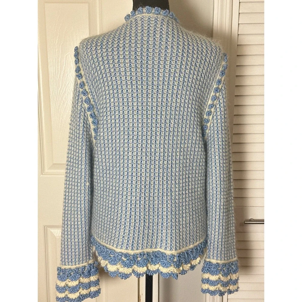 One Girl Who blue tweed cardigan mohair blend scallop metallic knit grandmacore